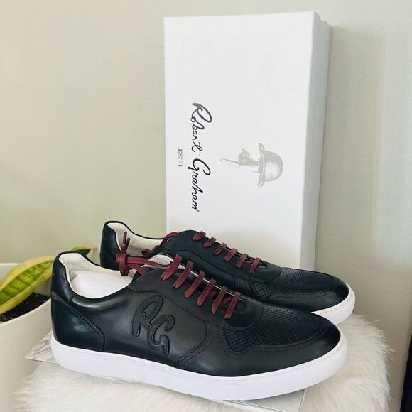 ROBERT GRAHAM Barrelman Leather Sneaker, Designer Black/Red Laces Size 11.5, NWT - Picture 1 of 16